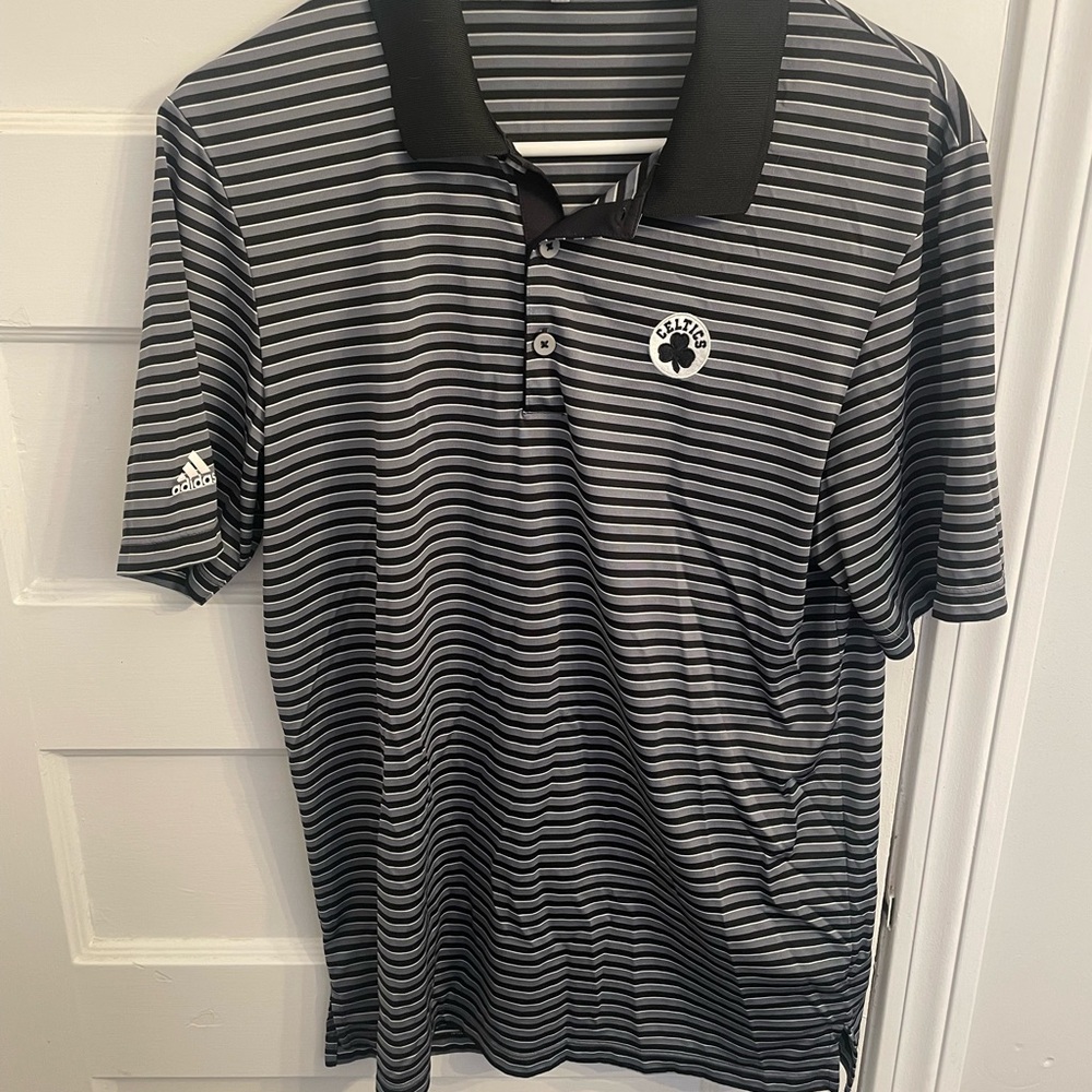 Boston Celtics Adidas Men's Black and Gray Striped Polo
